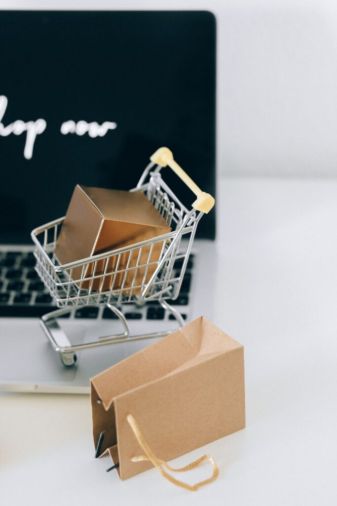 Carrello, pacco e laptop per commercio elettronico
